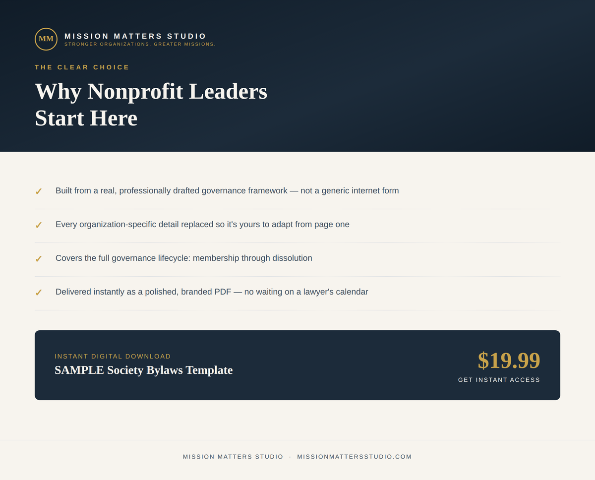 A promotional graphic for a digital download product, titled 'Why Nonprofit Leaders Start Here' by Mission Matters Studio. The design features a dark navy blue header and footer with white text, and a light cream background for the main content.