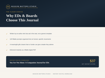 Digital product listing graphic for a PDF journal titled 'Why EDs & Boards Choose This Journal' by Mission Matters Studio. The design features a dark navy blue header and footer with white text, and a light cream background for the descriptive bullet points and preview text.