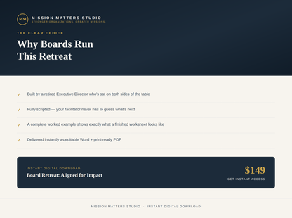 Digital promotional graphic for a board retreat product titled 'Why Boards Run This Retreat' by Mission Matters Studio. The design has a dark navy top section with white text and a light cream lower section with bullet points, plus a dark navy banner showing '$149' and 'Board Retreat: Aligned for Impact' as an instant digital download.