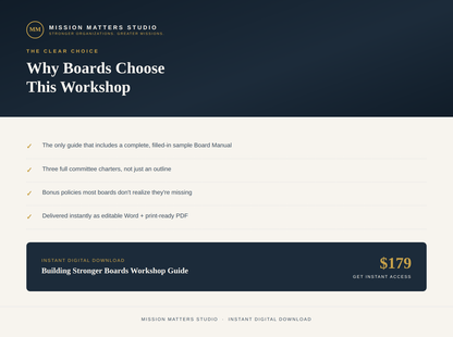 Digital promotional graphic for a workshop guide titled 'Why Boards Choose This Workshop' by Mission Matters Studio. The design has a dark navy header and footer with a light cream center section, listing key features with checkmarks and showing the price '$179' for an instant digital download.