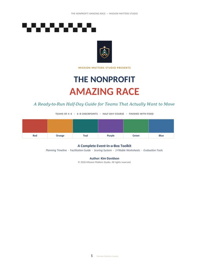 A digital preview of a document cover for 'The Nonprofit Amazing Race: A Ready-to-Run Half-Day Guide for Teams That Actually Want to Move' by Mission Matters Studio. The cover features a white background with black and red text, a black-and-white checkered banner at the top, and a row of colored squares representing team colors.