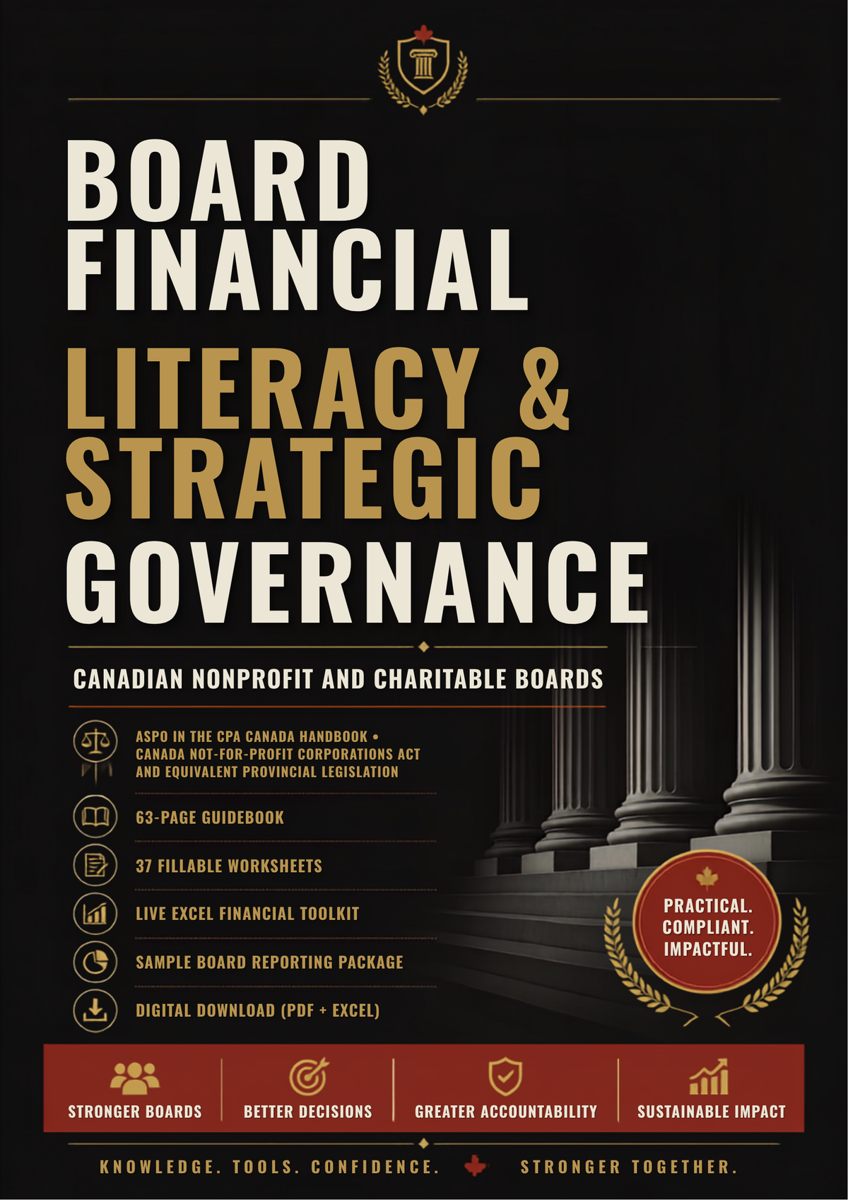 Book cover for 'Board Financial Literacy & Strategic Governance' featuring a black background, white and gold typography, an illustration of classical columns, and a red badge reading 'Practical, Compliant, Impactful.'.