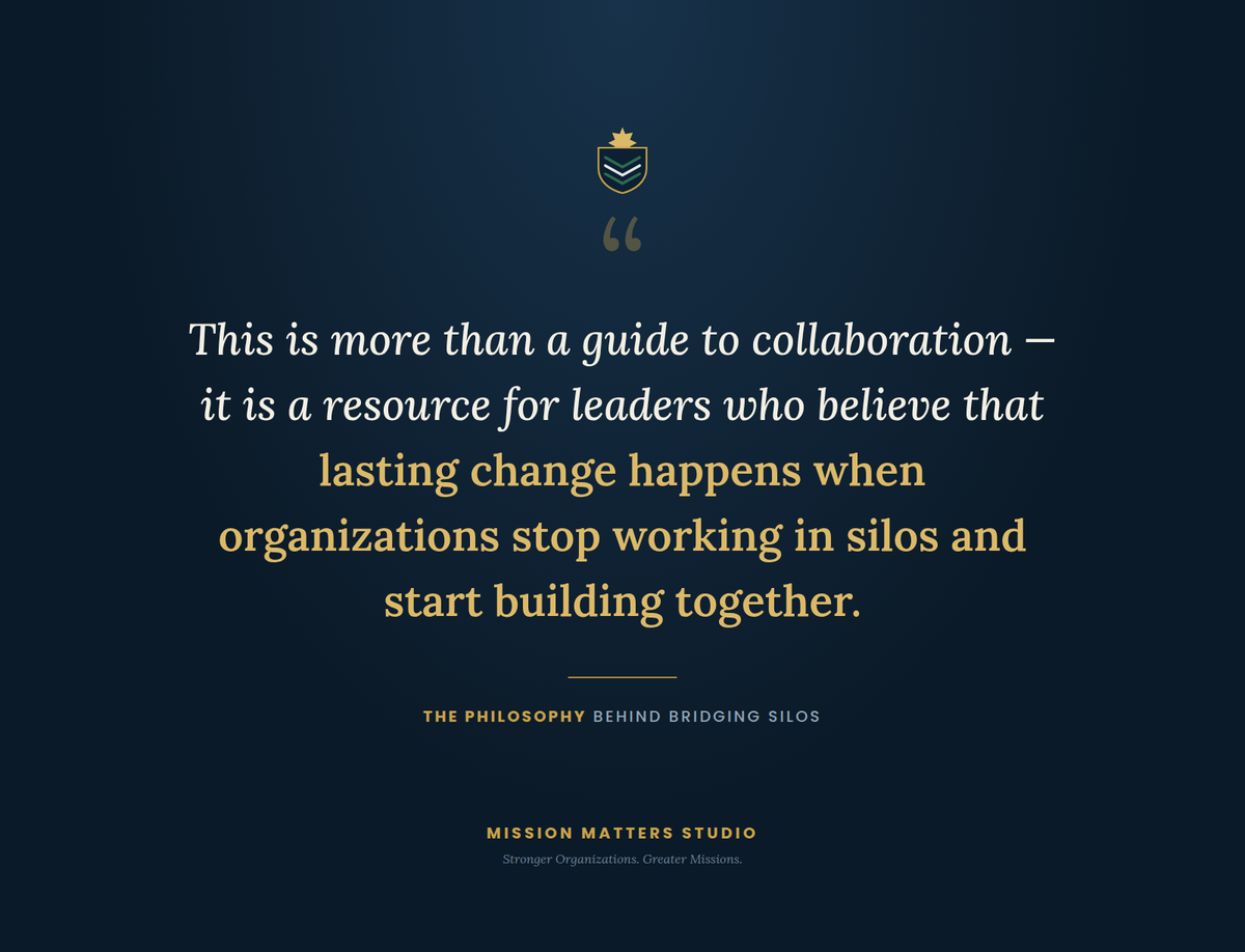 A dark navy blue graphic with a centered quote in white and gold text, plus a small crest icon at the top and Mission Matters Studio branding at the bottom.
