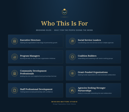 A dark navy promotional graphic with the heading 'Who This Is For' and a gold crest above it. Below, eight rectangular panels list target audiences such as Executive Directors, Social Service Leaders, Program Managers, Coalition Builders, Community Development Professionals, Grant-Funded Organizations, Staff Professional Development, and Agencies Seeking Stronger Partnerships.