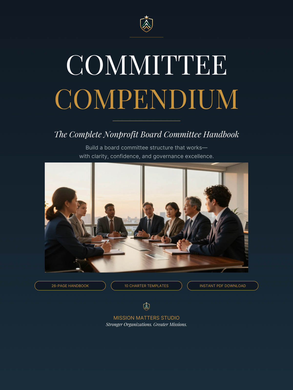 Book cover for 'Committee Compendium: The Complete Nonprofit Board Committee Handbook' by Mission Matters Studio, featuring a dark navy background with gold and white typography and a central photo of a board meeting.