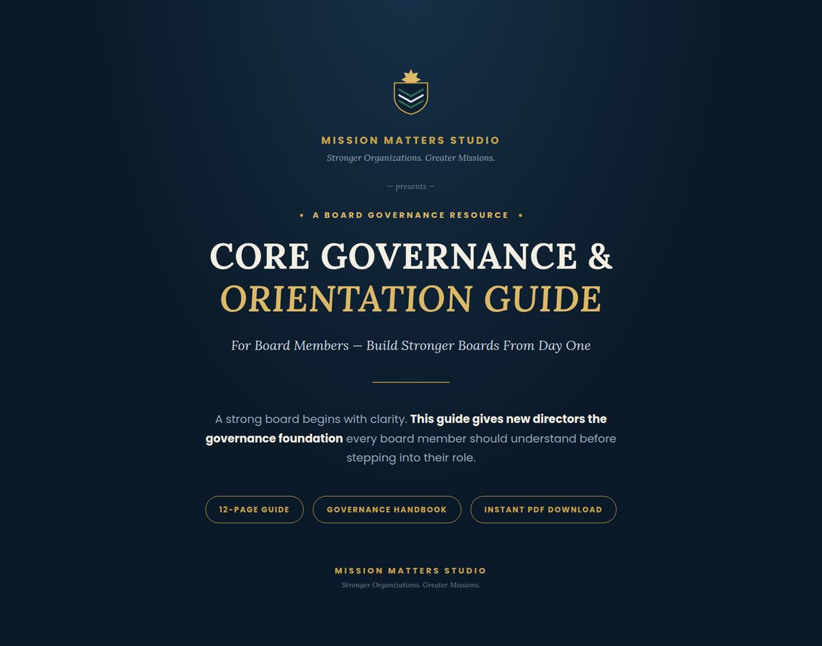 A digital cover for a board governance guide from Mission Matters Studio, featuring a dark navy background with gold and white text and a small gold crest at the top.