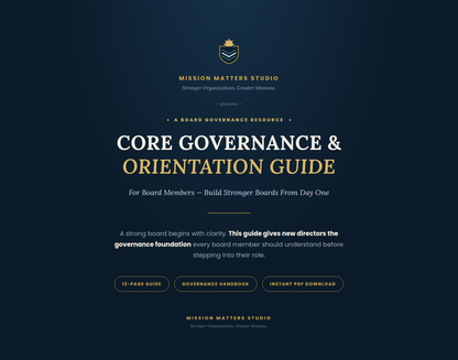 A digital cover for a board governance guide from Mission Matters Studio, featuring a dark navy background with gold and white text and a small gold crest at the top.