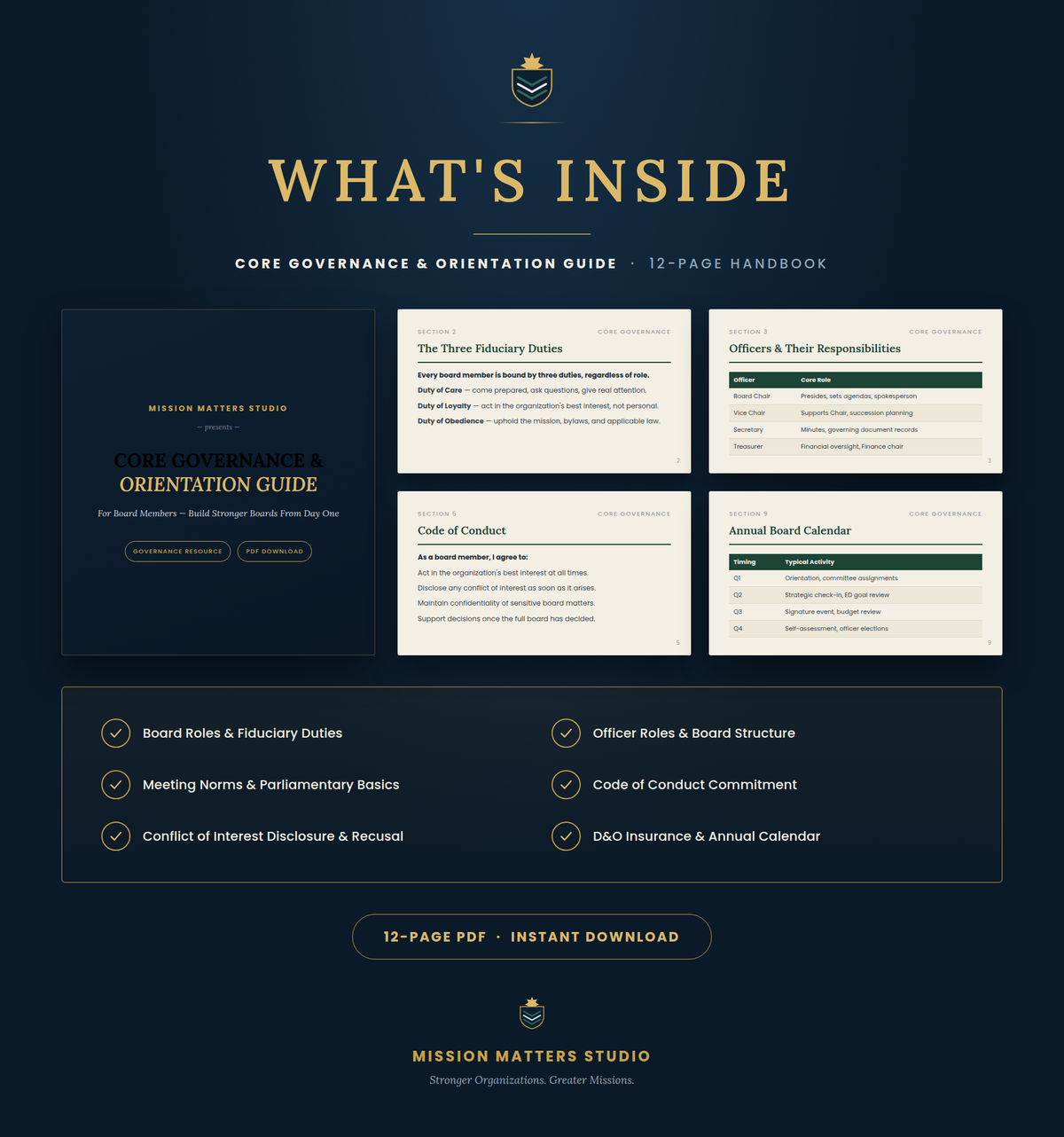 A promotional graphic for a digital PDF guide titled 'What's Inside' for the Mission Matters Studio Core Governance & Orientation Guide. The design features a dark navy blue background with gold text and accents, showcasing preview pages of the 13-page handbook.