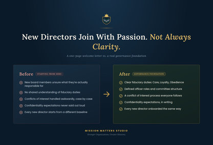 A dark navy promotional graphic with the headline 'New Directors Join With Passion. Not Always Clarity.