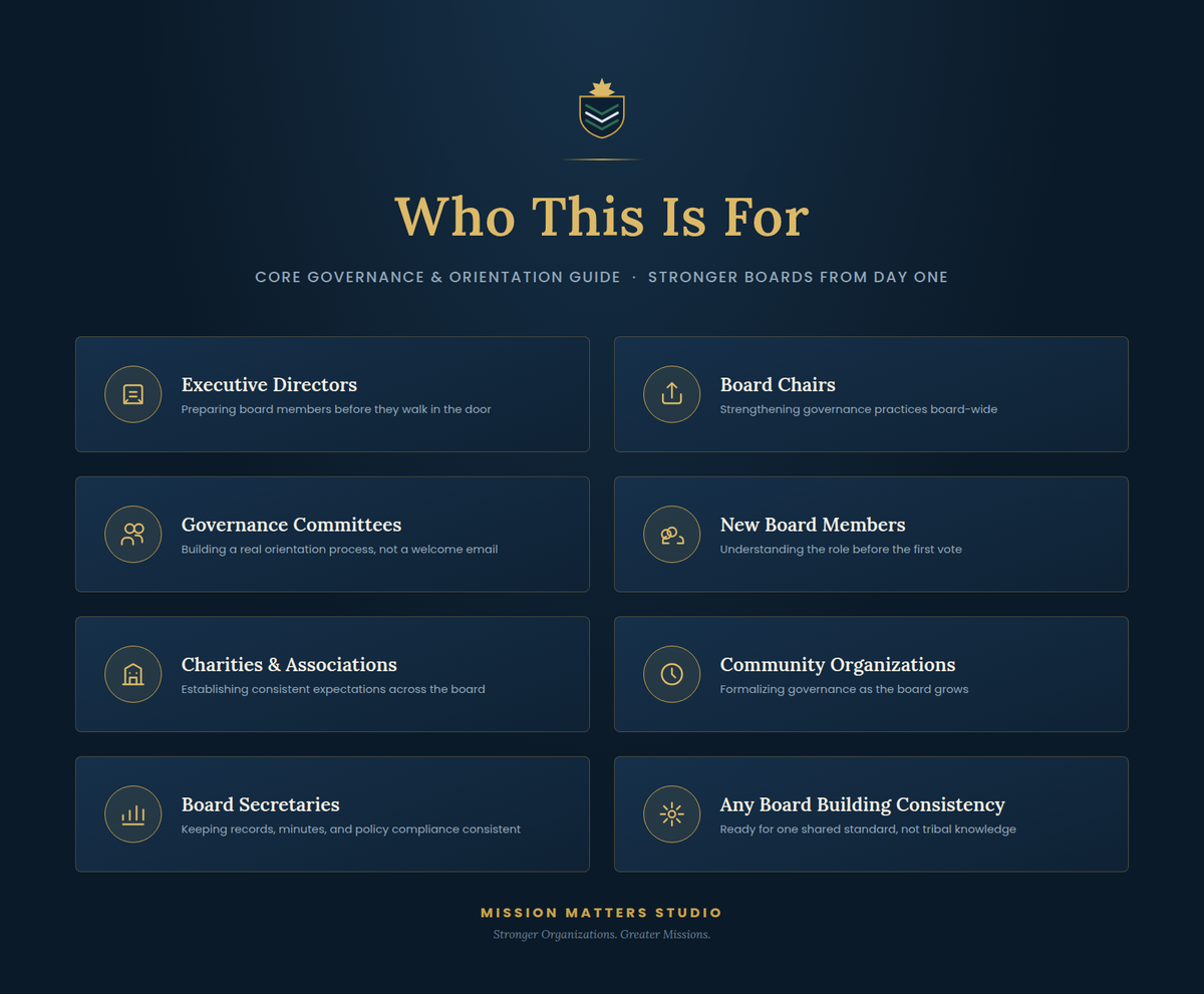 A dark navy blue informational graphic with gold and white text reading 'Who This Is For' and a list of board and governance roles, including Executive Directors, Board Chairs, Governance Committees, New Board Members, Charities & Associations, Community Organizations, Board Secretaries, and Any Board Building Consistency. A small shield-like logo appears at the top center, and 'Mission Matters Studio' is printed at the bottom.