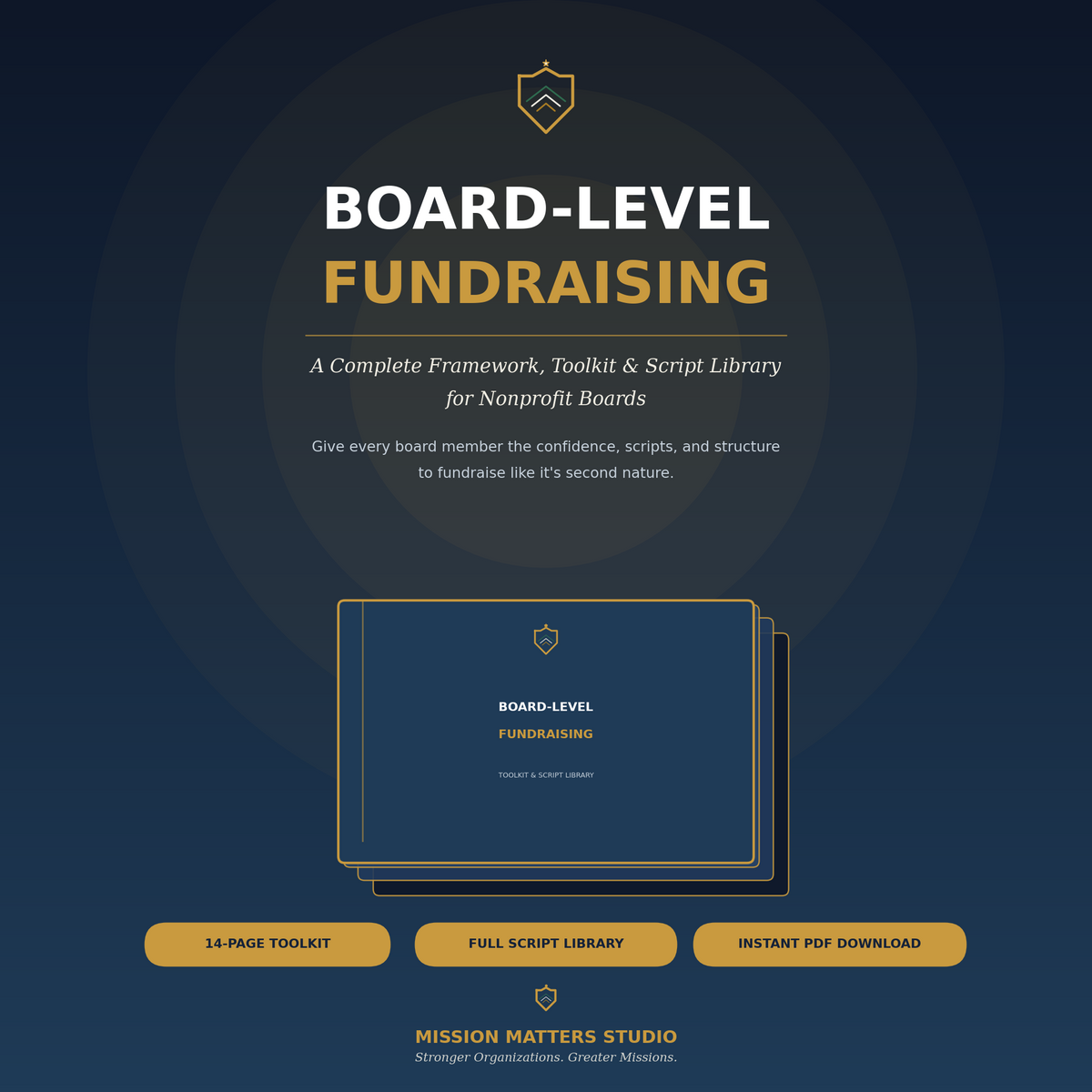 Promotional graphic for a digital board-level fundraising toolkit by Mission Matters Studio, featuring a dark navy background with gold and white typography and a mockup of a blue booklet.