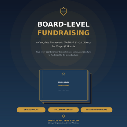 Promotional graphic for a digital board-level fundraising toolkit by Mission Matters Studio, featuring a dark navy background with gold and white typography and a mockup of a blue booklet.