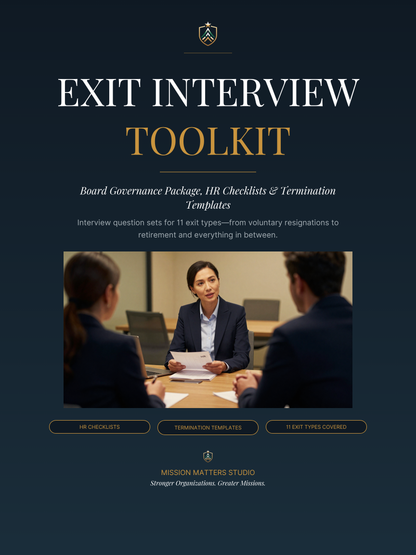 A promotional graphic for an 'Exit Interview Toolkit' by Mission Matters Studio, featuring a dark navy blue background with gold and white text, a small crest logo, and a central photograph of a professional board meeting scene.