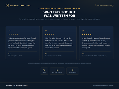 A dark navy digital template preview for an exit interview toolkit titled 'WHO WAS THAT TOOLKIT FOR' from Mission Matters Studio. The graphic shows three quote cards with sample exit statements, star ratings, and small icons indicating 32 pages, 11 exit type examples, and 7 HR documents.