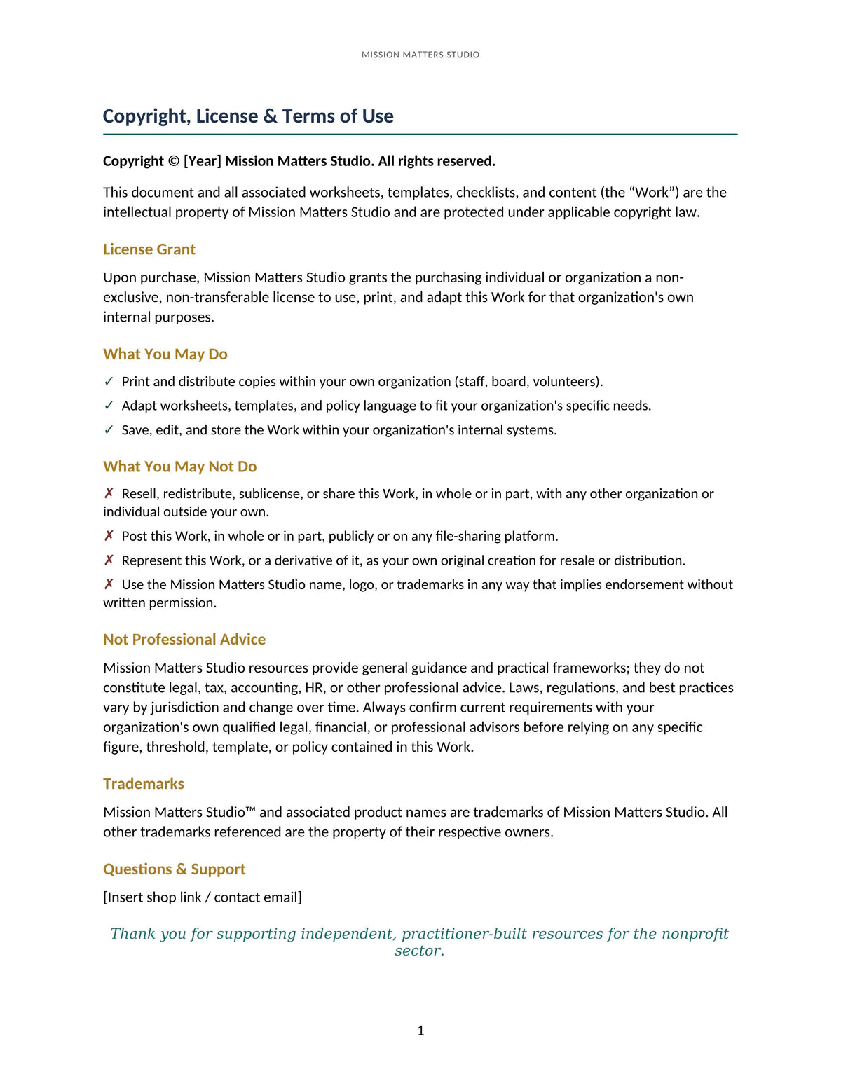 Mission Matters Studio terms of use for digital products