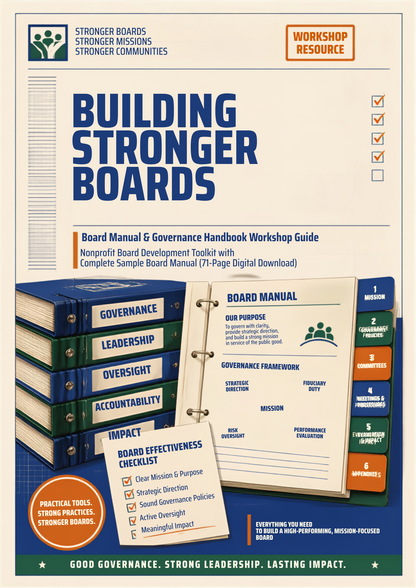 Front cover of the 'Building Stronger Boards' workshop guide/booklet, shown as a clean product-style graphic on a white background. The cover includes large blue title text, a beige background, stacked blue and green board manuals, a ring binder mockup, and a vertical progress bar with colored tabs.