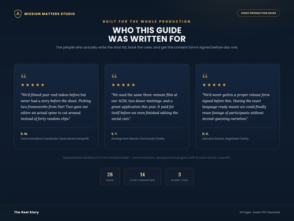 A dark navy promotional graphic for Mission Matters Studio outlining the contents of a 'Who This Guide Was Written For' document, featuring three quote panels with sample testimonials and small icons indicating 28 pages, 14 story frameworks, and 3 video clips.