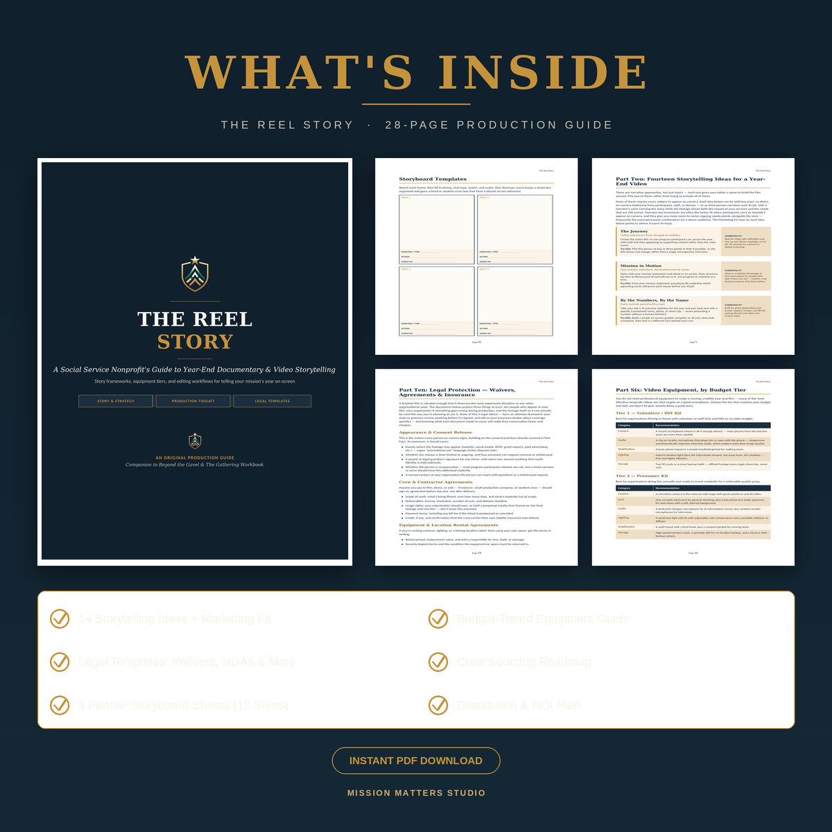 A promotional graphic for a digital PDF guide titled 'The Reel Story: 28-Page Production Guide' by Mission Matters Studio. The layout shows a book-style cover on the left, several interior page previews in the center, and a checklist of included materials at the bottom, all on a dark navy background with gold text.