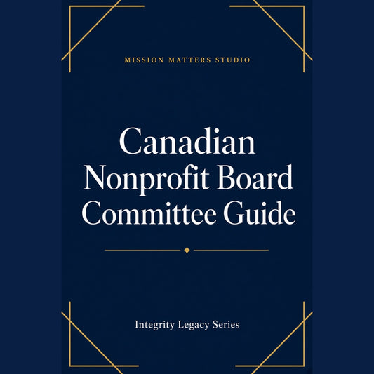 A book cover for 'Canadian Nonprofit Board Committee Guide' by Mission Matters Studio, featuring a dark navy blue background with white serif text and gold geometric corner accents.