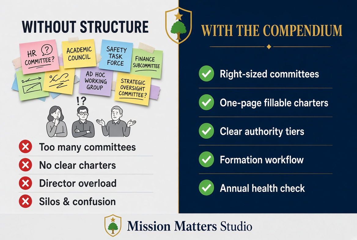A promotional comparison graphic for a nonprofit governance resource titled 'Without Structure' versus 'With the Compendium.' The left side shows a messy, unstructured charting setup with illustrated people, labeled red X marks for problems like too many committees, no clear charters, and director overload.