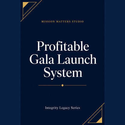 A book cover or digital product cover with a dark navy background, white serif title text reading 'Profitable Gala Launch System,' smaller text 'Mission Matters Studio' at the top, and 'Integrity Legacy Series' at the bottom, with small gold geometric corner accents.