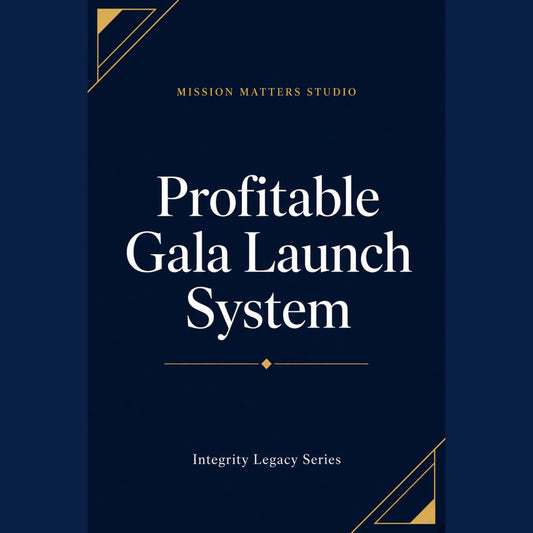 A book cover or digital product cover with a dark navy background, white serif title text reading 'Profitable Gala Launch System,' smaller text 'Mission Matters Studio' at the top, and 'Integrity Legacy Series' at the bottom, with small gold geometric corner accents.