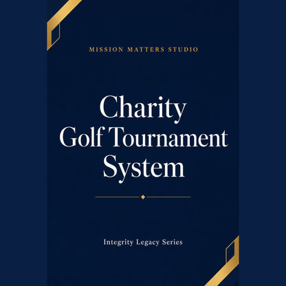 A book cover for 'Charity Golf Tournament System' by Mission Matters Studio, featuring a dark navy blue background with white serif text and gold accents.