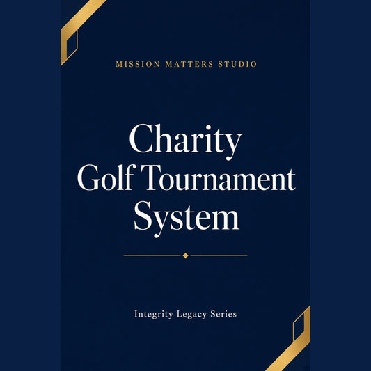 A book cover for 'Charity Golf Tournament System' by Mission Matters Studio, featuring a dark navy blue background with white serif text and gold accents.