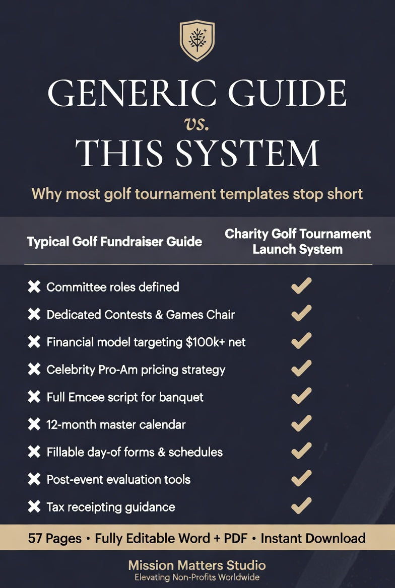 A promotional comparison graphic for a golf fundraiser guide template, titled 'Generic vs. This System,' with text and a checklist comparing typical golf fundraiser guide features to charity golf tournament launch system features.