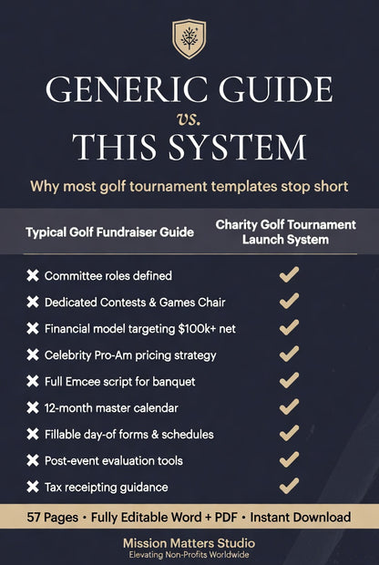 A promotional comparison graphic for a golf fundraiser guide template, titled 'Generic vs. This System,' with text and a checklist comparing typical golf fundraiser guide features to charity golf tournament launch system features.
