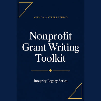 A book cover for the 'Nonprofit Grant Writing Toolkit' by Mission Matters Studio, featuring a dark navy blue background with white serif text and gold geometric accents.