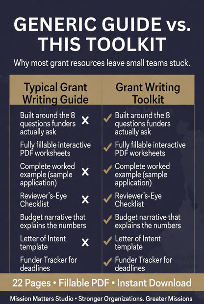 A promotional comparison graphic titled 'Generic Guide vs. This Toolkit' with text comparing a typical grant writing guide to a grant writing toolkit.