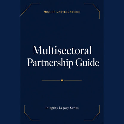 A book cover for 'Multisectoral Partnership Guide' by Mission Matters Studio, featuring a dark navy blue background with white serif text and gold geometric accents.