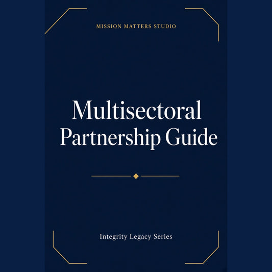 A book cover for 'Multisectoral Partnership Guide' by Mission Matters Studio, featuring a dark navy blue background with white serif text and gold geometric accents.