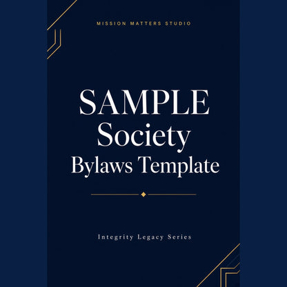 A digital cover design for a 'Sample Society Bylaws Template' by Mission Matters Studio, featuring a dark navy blue background with white serif text and gold geometric accents.