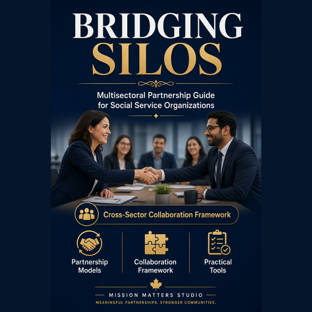 A book or guide cover titled "BRIDGING SILOS" with the subtitle "Multisectoral Partnership Guide for Social Service Organizations." The cover features a dark navy background, large white and gold title text, and a central photo of two professionals shaking hands at a table with other people in the background.