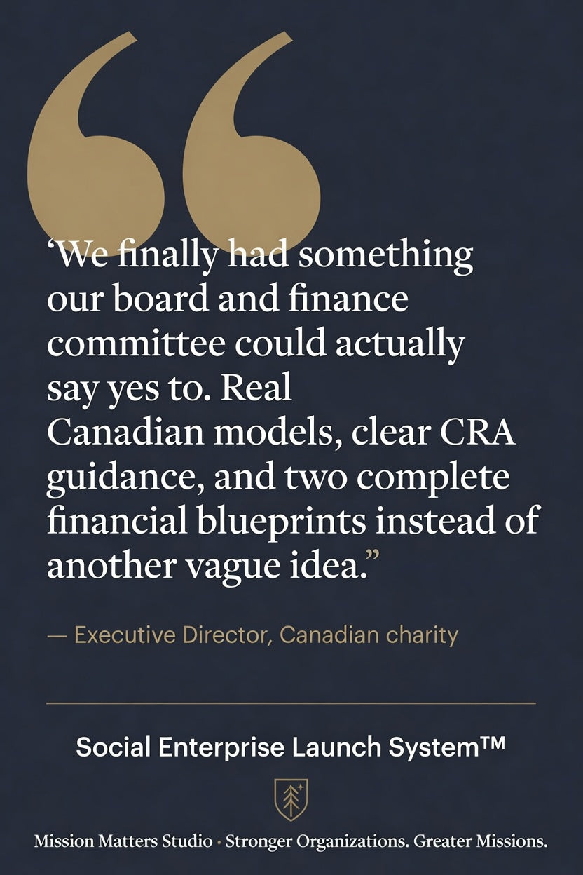 A dark navy graphic with a large gold quotation mark and a quote about Canadian charity funding and financial blueprints, attributed to the Executive Director of Canadian charity. Below the quote is the Social Enterprise Launch System™ name and a small Mission Matters Studio logo.