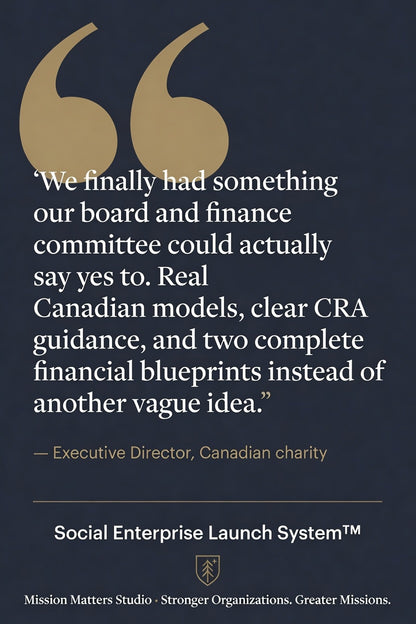 A dark navy graphic with a large gold quotation mark and a quote about Canadian charity funding and financial blueprints, attributed to the Executive Director of Canadian charity. Below the quote is the Social Enterprise Launch System™ name and a small Mission Matters Studio logo.