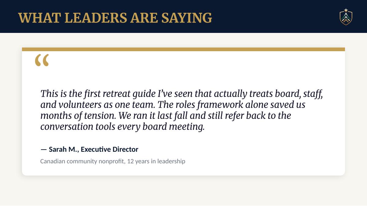 A quote card under the heading 'WHAT LEADERS ARE SAYING' featuring a testimonial from Sarah M., Executive Director of a Canadian community nonprofit.