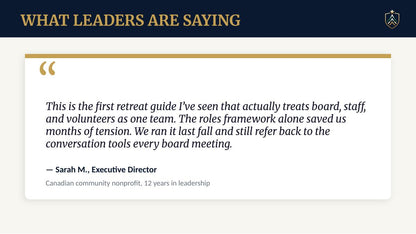 A quote card under the heading 'WHAT LEADERS ARE SAYING' featuring a testimonial from Sarah M., Executive Director of a Canadian community nonprofit.