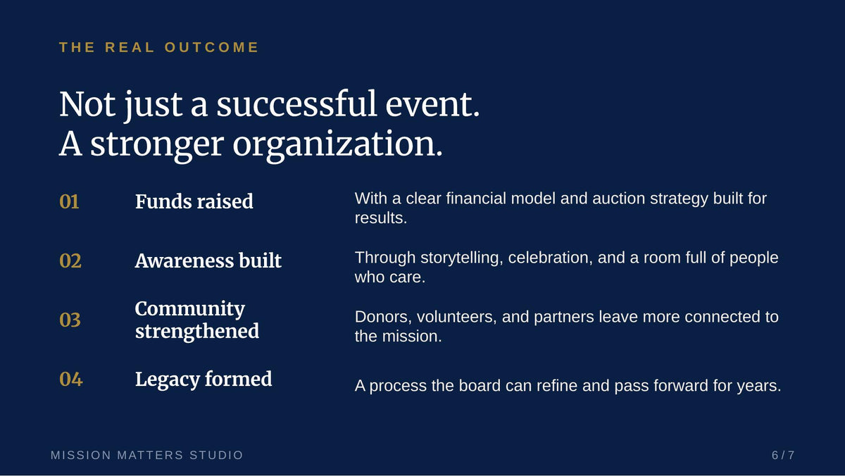 A dark blue slide with white and gold text reading 'Not just a successful event. A stronger organization.