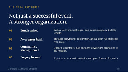 A dark blue slide with white and gold text reading 'Not just a successful event. A stronger organization.