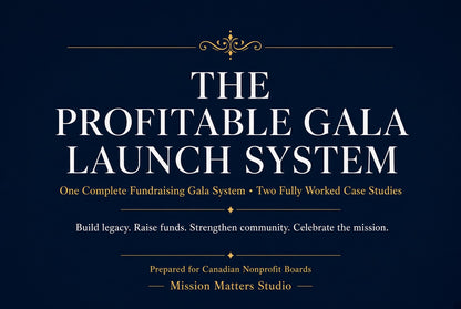 A dark navy promotional graphic with large white serif text reading 'THE PROFITABLE GALA LAUNCH SYSTEM' and smaller gold and white supporting text below, including 'One Complete Fundraising Gala System • Two Fully Worked Case Studies' and 'Mission Matters Studio'.