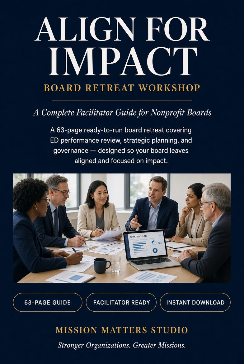 Book cover for 'Align for Impact: Board Retreat Workshop' by Mission Matters Studio, featuring a dark navy background with white and gold typography and a central photo of a board meeting.